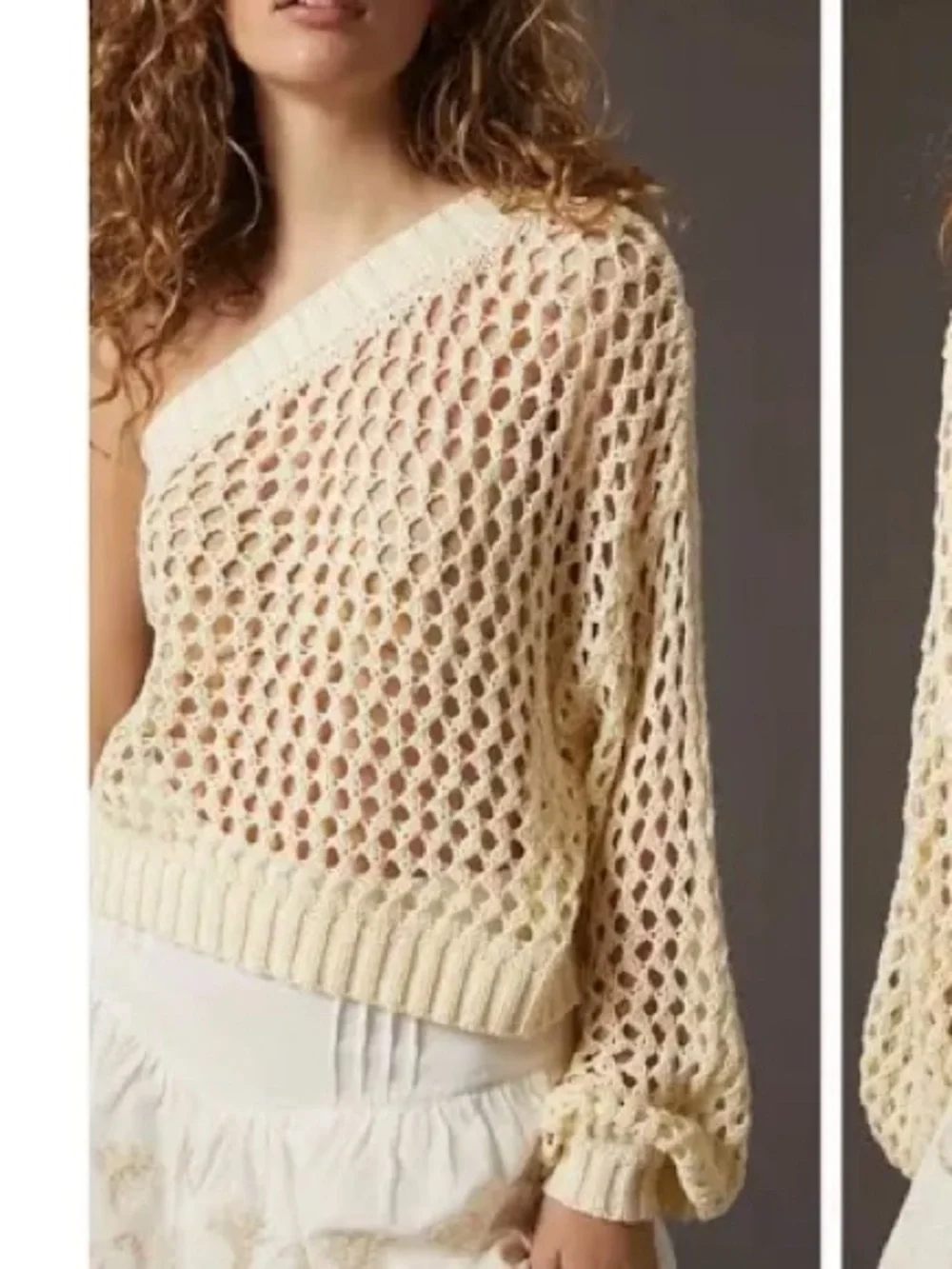 Anthropologie Cream Open-Weave Off-the-Shoulder Sweater